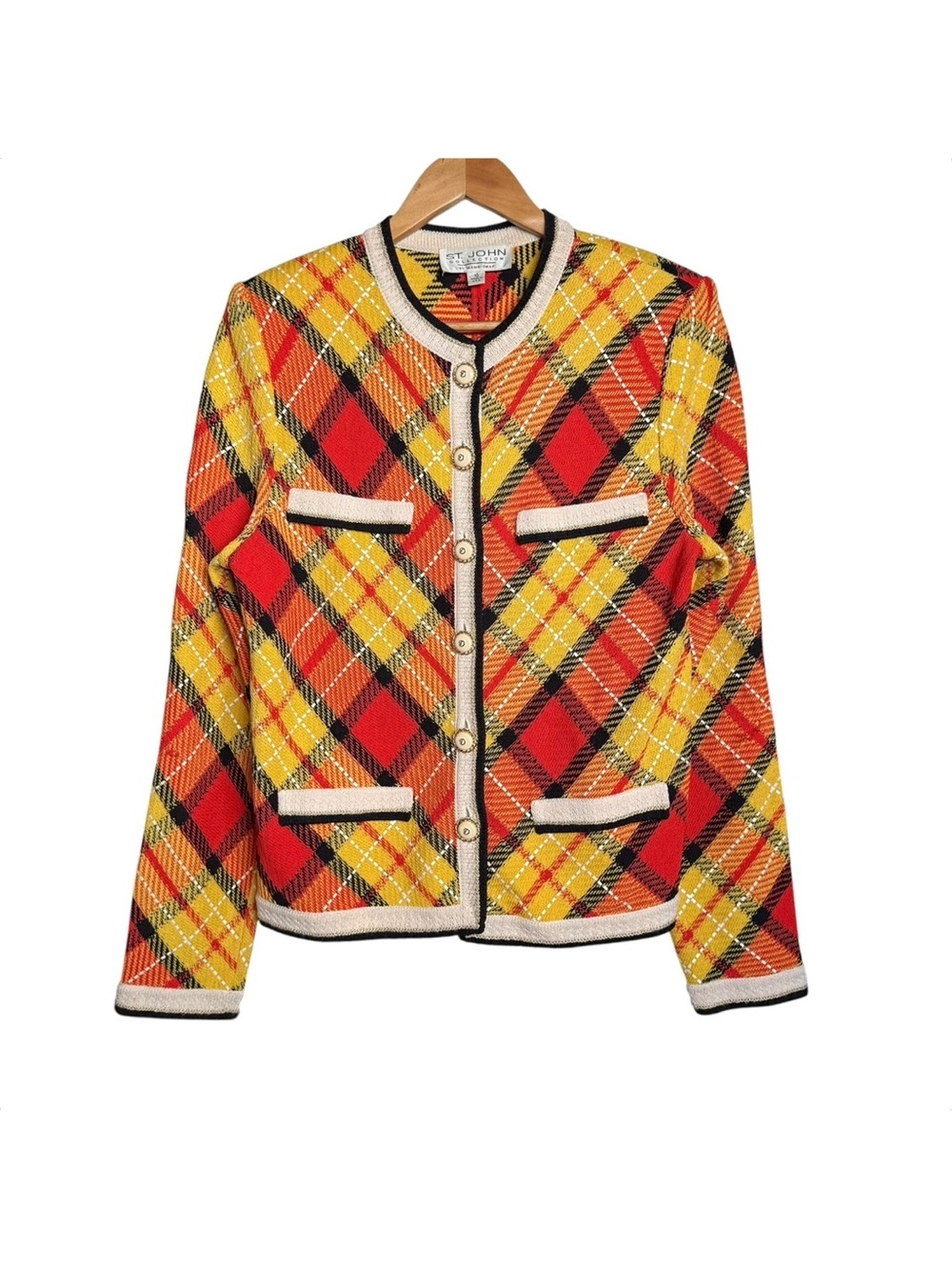 St John Collection Yellow Orange Plaid Santana Knit Jacket Blazer Size 10 VNTG